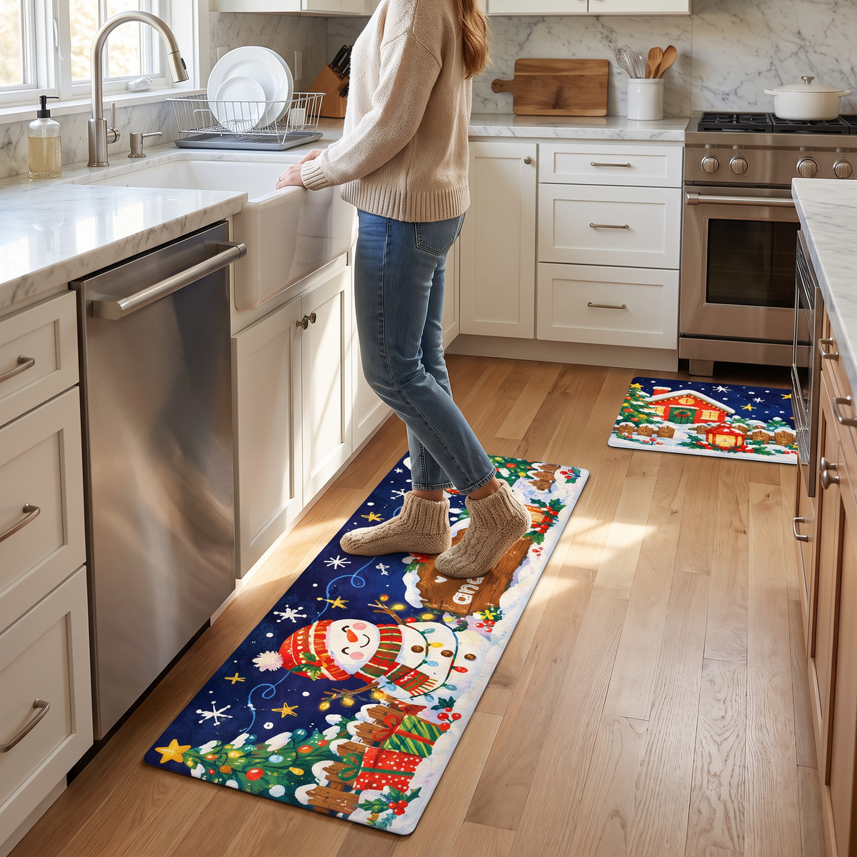 Personalized Snowman Cottage Signpost Christmas kitchen mat set, view 6