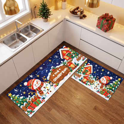 Personalized Snowman Cottage Signpost Christmas kitchen mat set, view 8