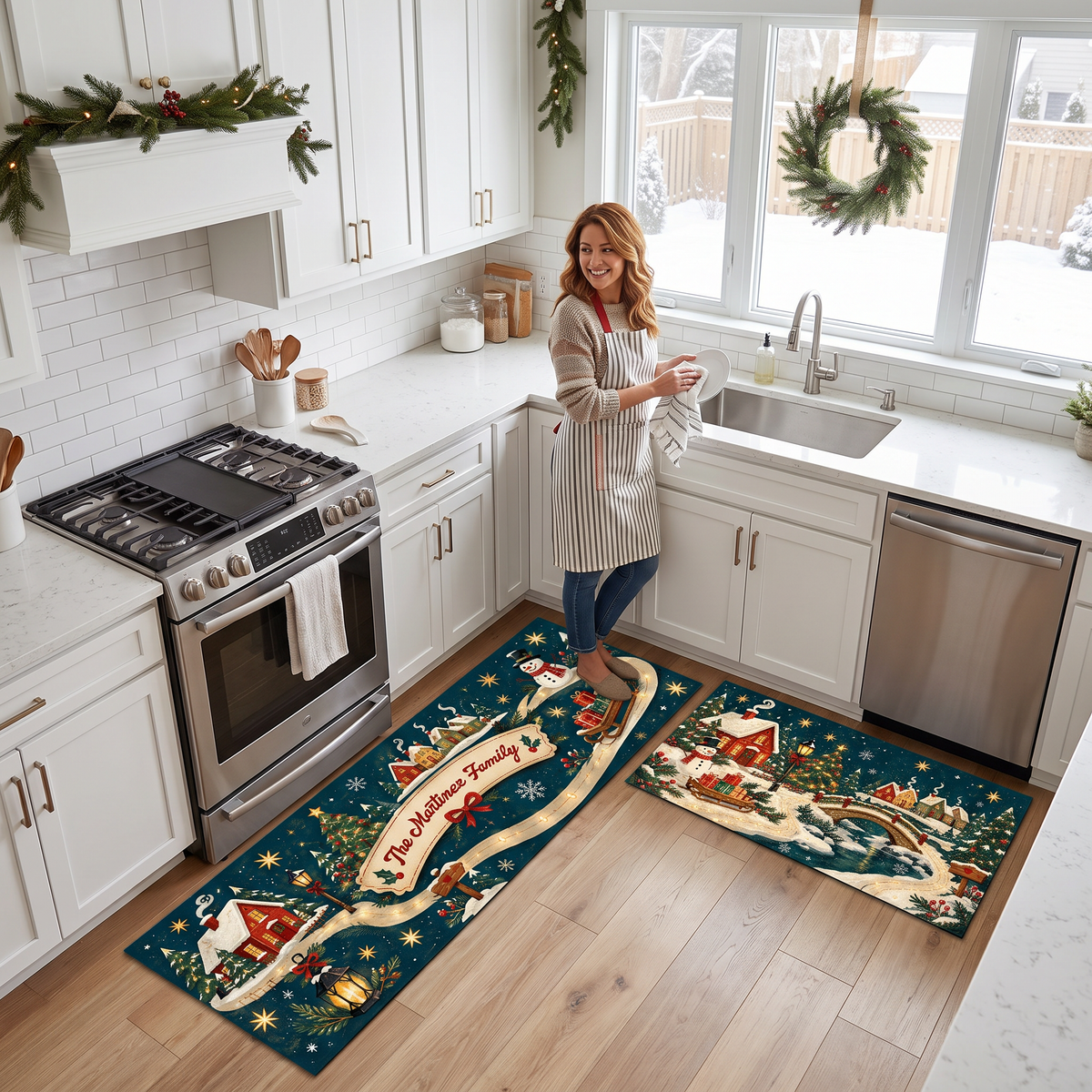 Personalized Snowy Village Ribbon Path Christmas kitchen mat set in a cozy holiday kitchen