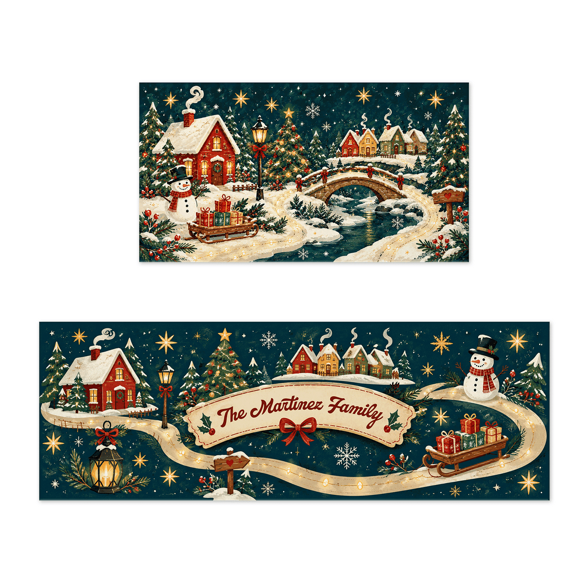 Personalized Snowy Village Ribbon Path Christmas kitchen mat set with custom family name