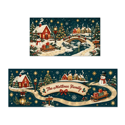 Personalized Snowy Village Ribbon Path Christmas kitchen mat set with custom family name