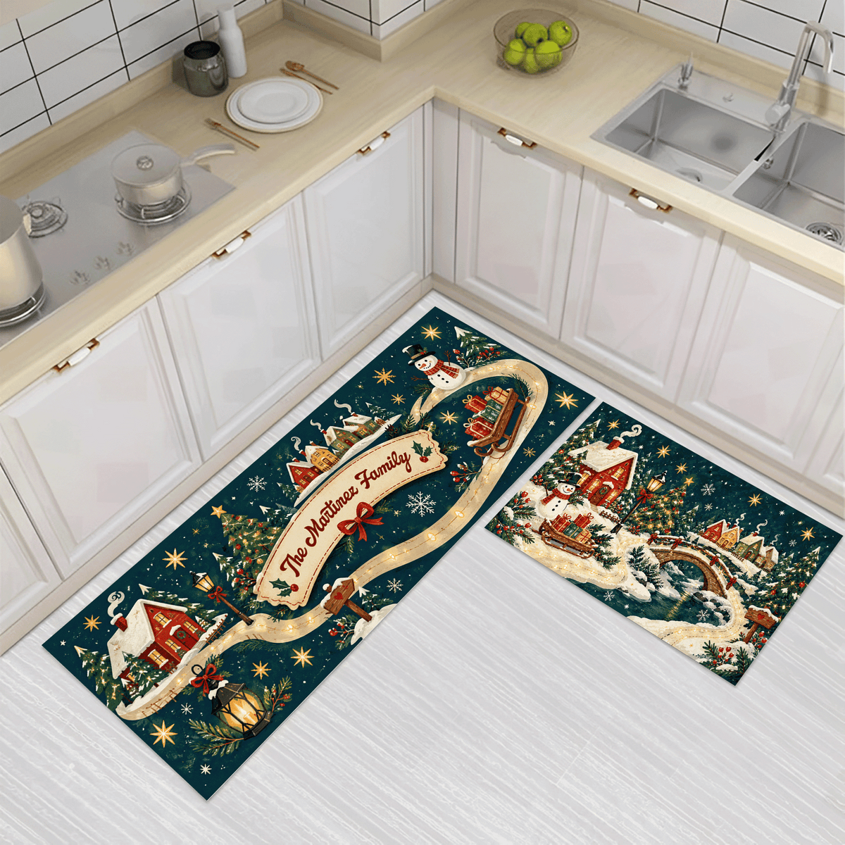 Personalized Snowy Village Ribbon Path Christmas kitchen mat set, view 3