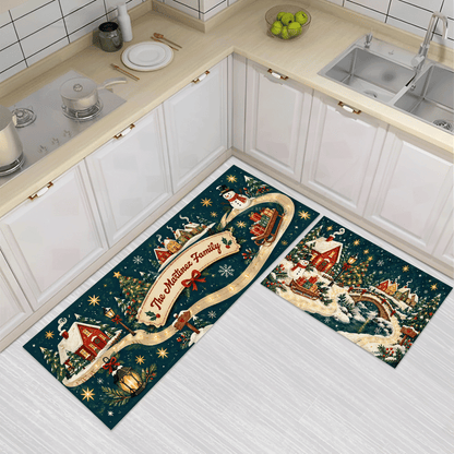 Personalized Snowy Village Ribbon Path Christmas kitchen mat set, view 3