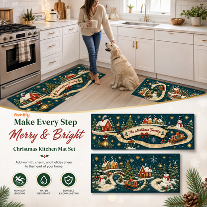Personalized Snowy Village Ribbon Path Christmas kitchen mat set, view 4
