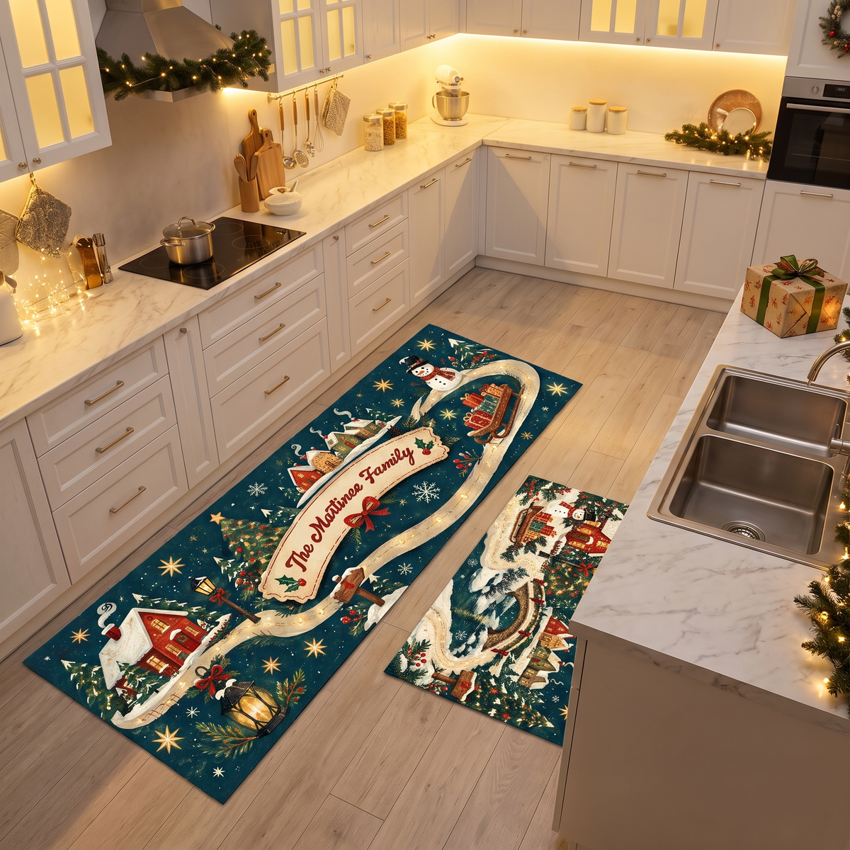 Personalized Snowy Village Ribbon Path Christmas kitchen mat set, view 5