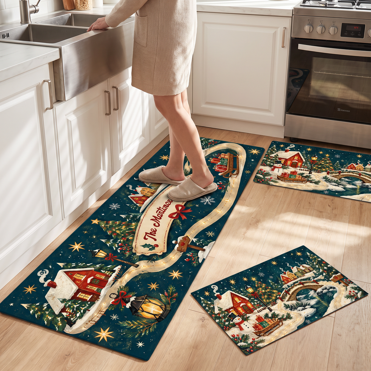 Personalized Snowy Village Ribbon Path Christmas kitchen mat set, view 6