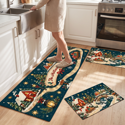 Personalized Snowy Village Ribbon Path Christmas kitchen mat set, view 6