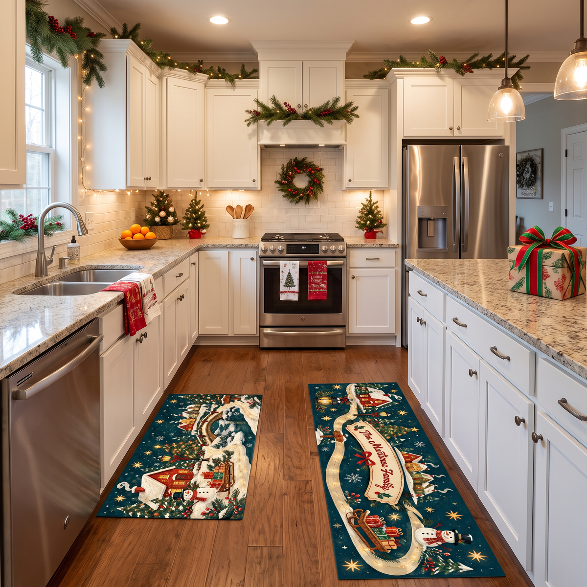 Personalized Snowy Village Ribbon Path Christmas kitchen mat set, view 7