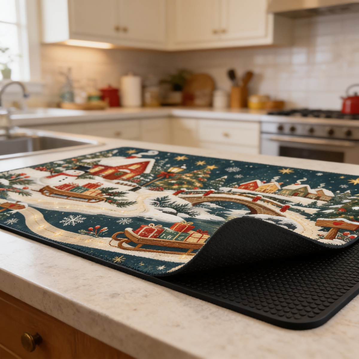 Personalized Snowy Village Ribbon Path Christmas kitchen mat set, view 8