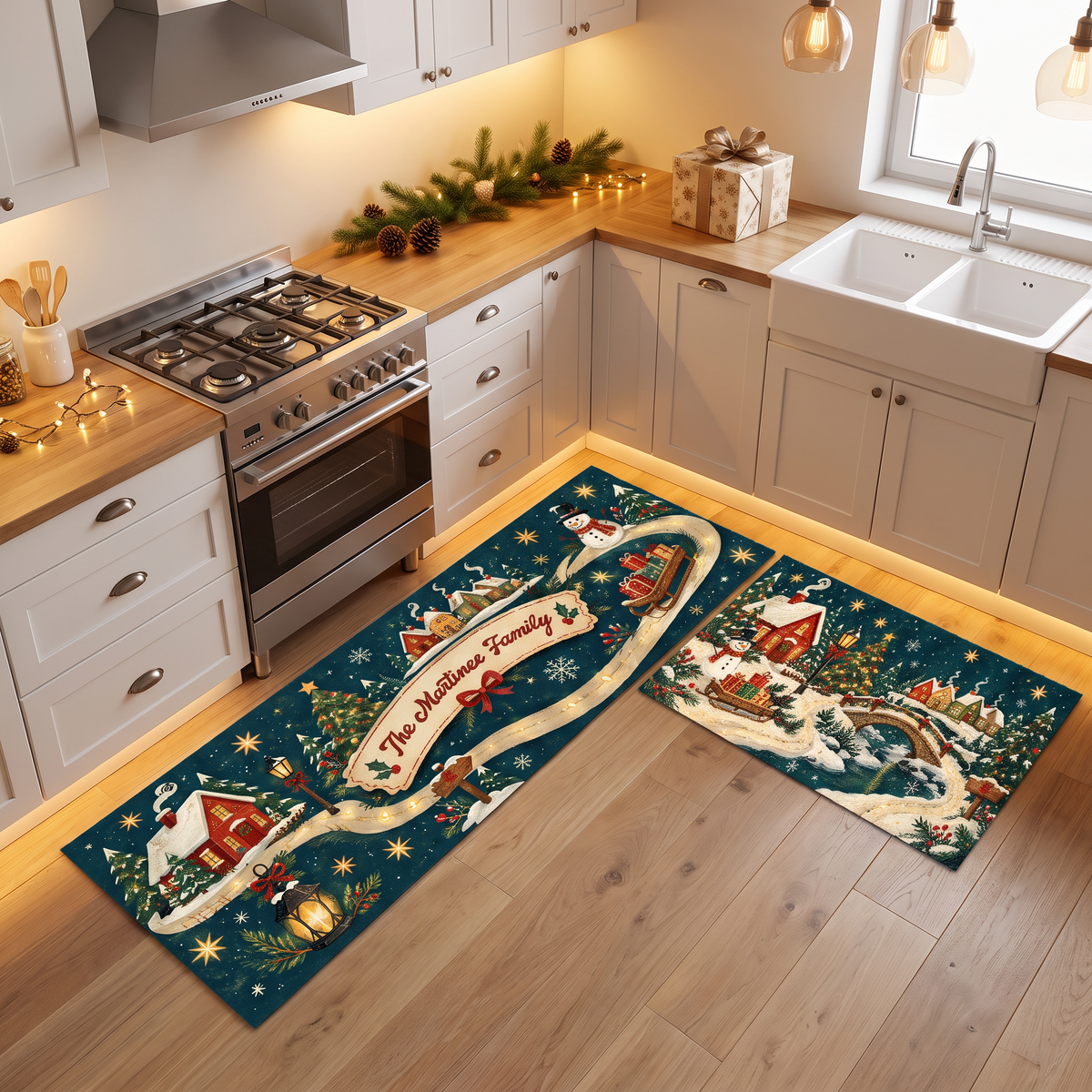 Personalized Snowy Village Ribbon Path Christmas kitchen mat set, view 9