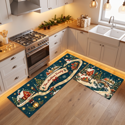 Personalized Snowy Village Ribbon Path Christmas kitchen mat set, view 9