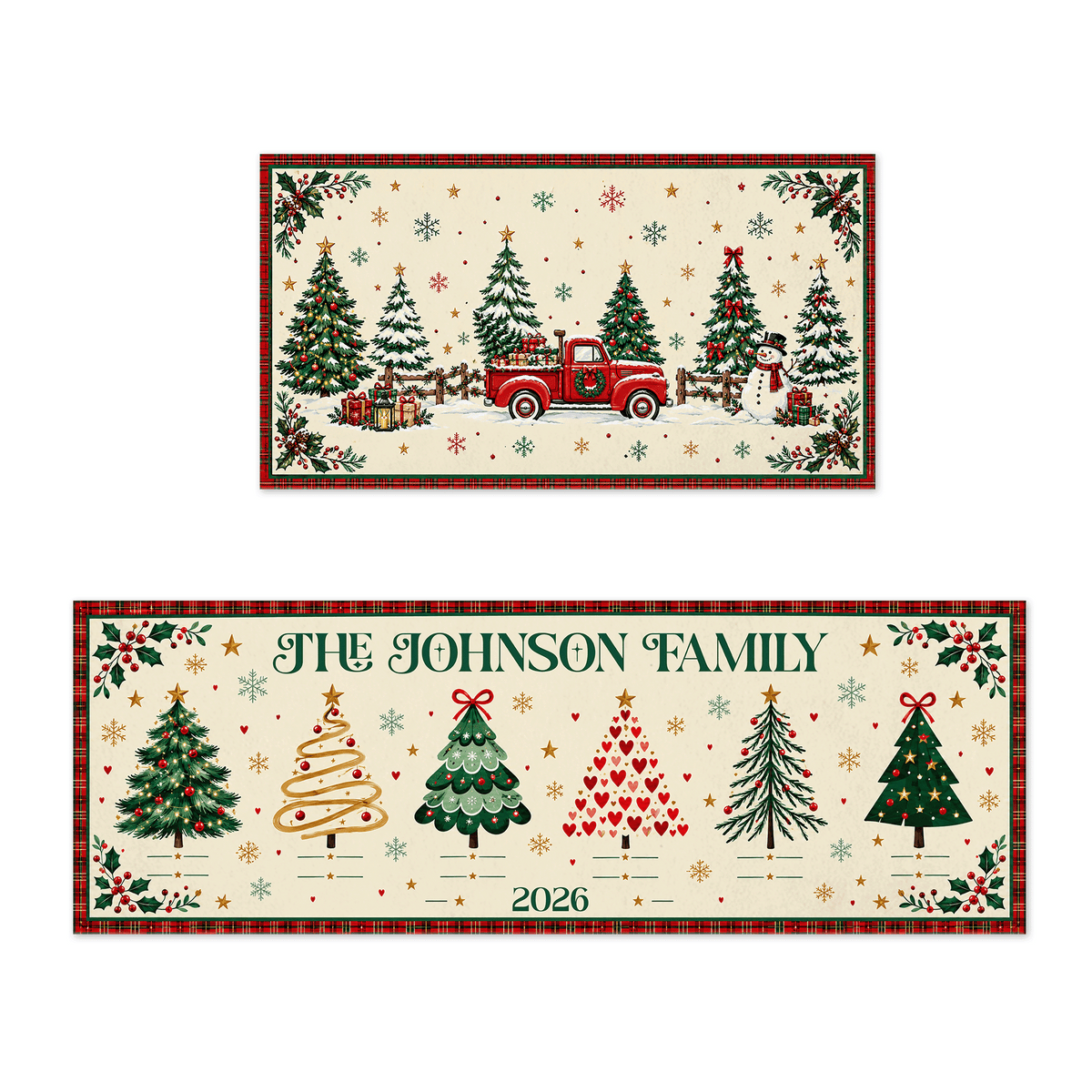 Personalized Christmas trees family name kitchen mat set with vintage truck