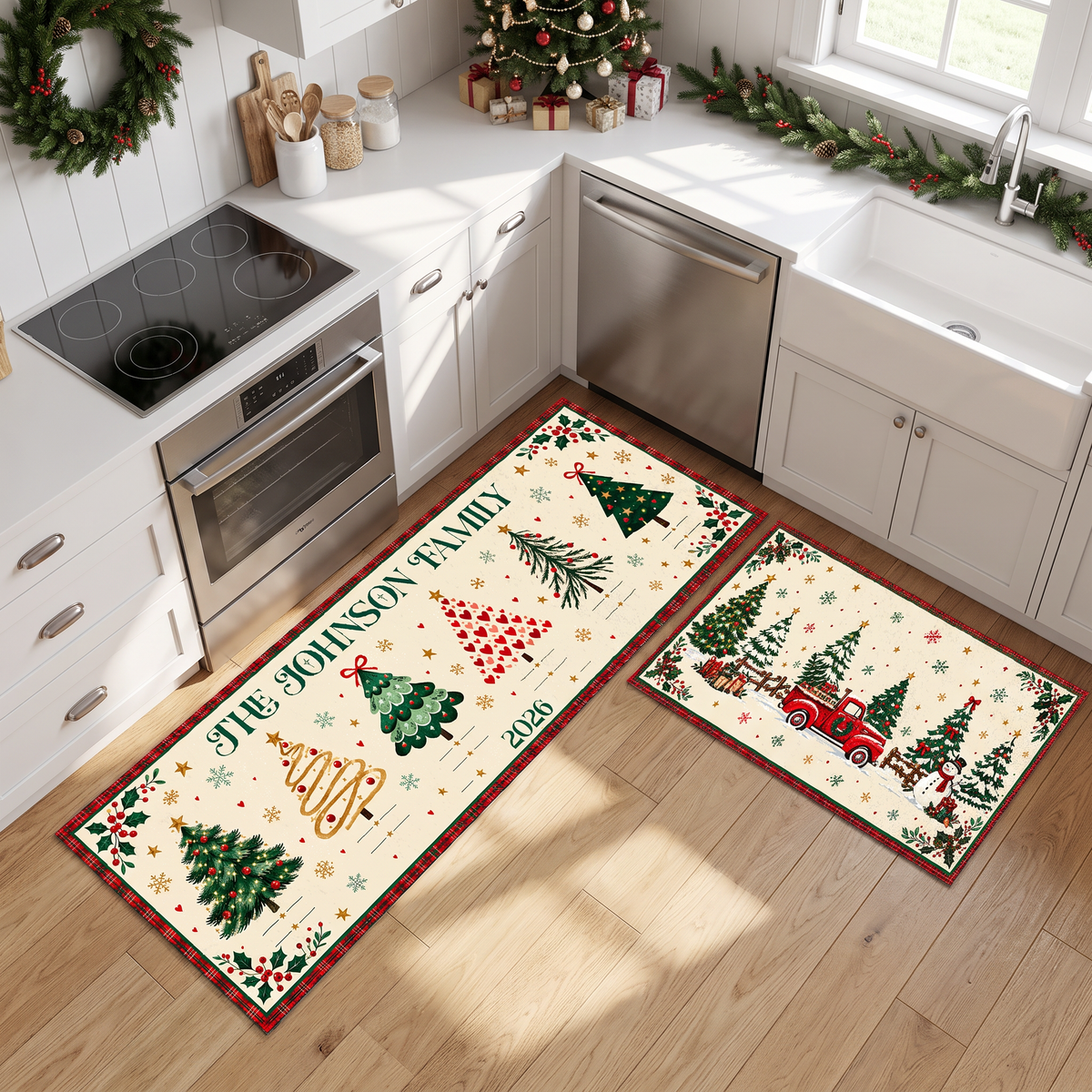 Christmas kitchen mat set with family name runner in a holiday kitchen