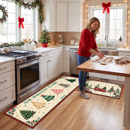 Woman baking cookies on the personalized Christmas kitchen mat set