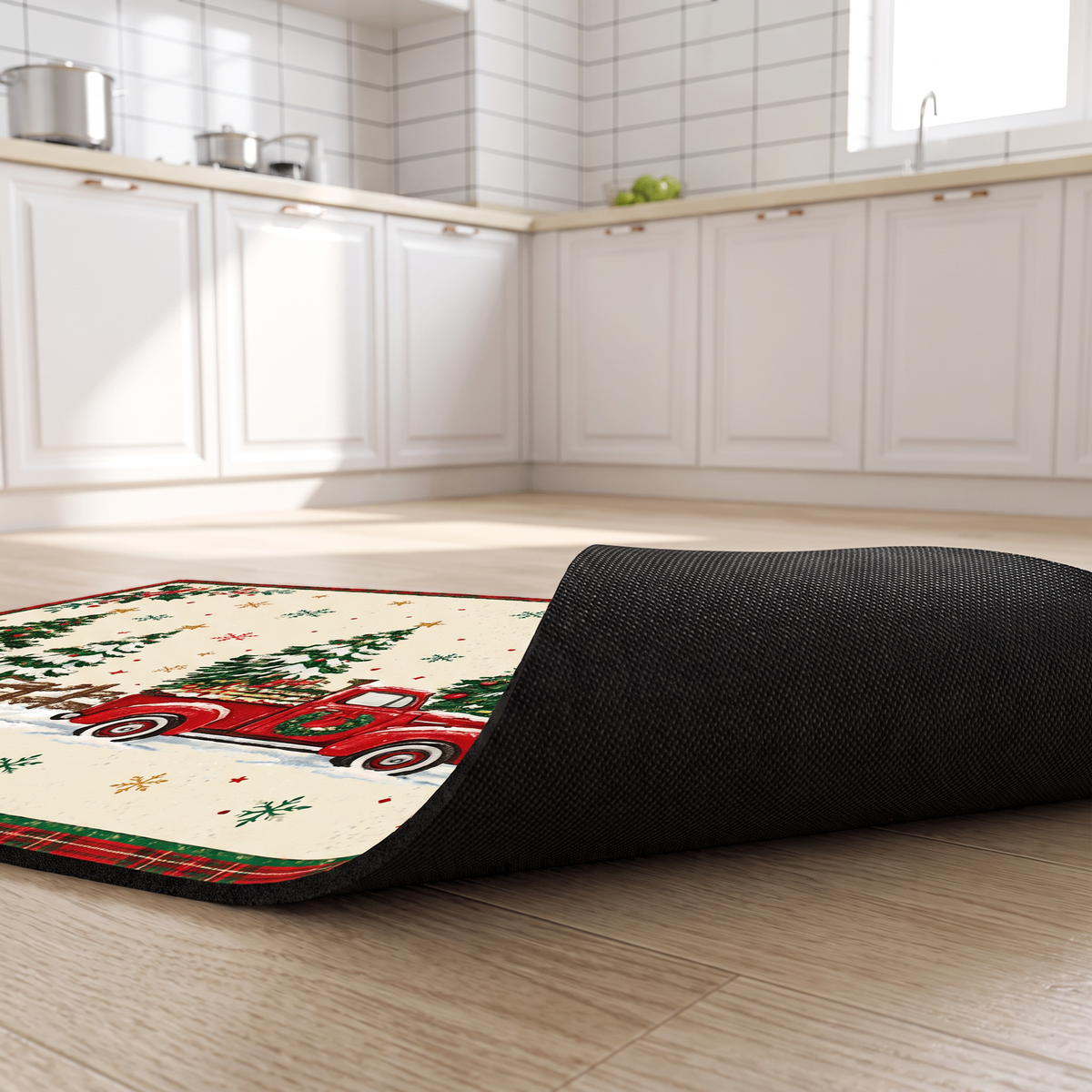Non-slip rubber backing of the Christmas kitchen mat