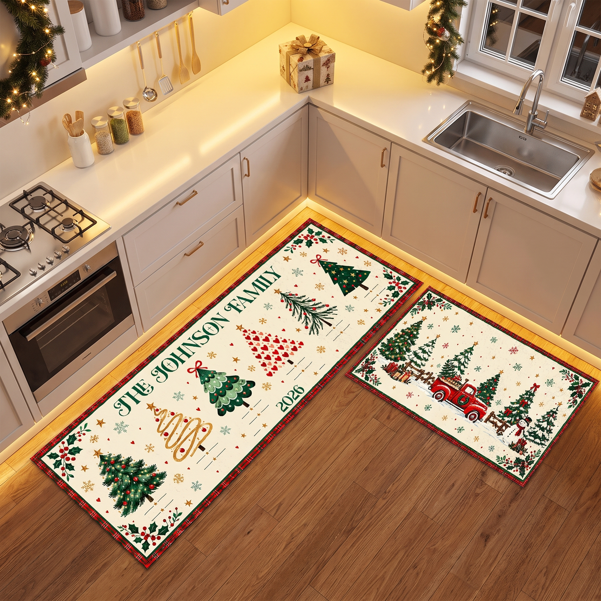 Personalized Christmas kitchen mat set under warm cabinet lights
