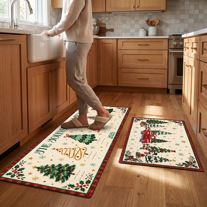 Standing on the cushioned family name Christmas kitchen runner