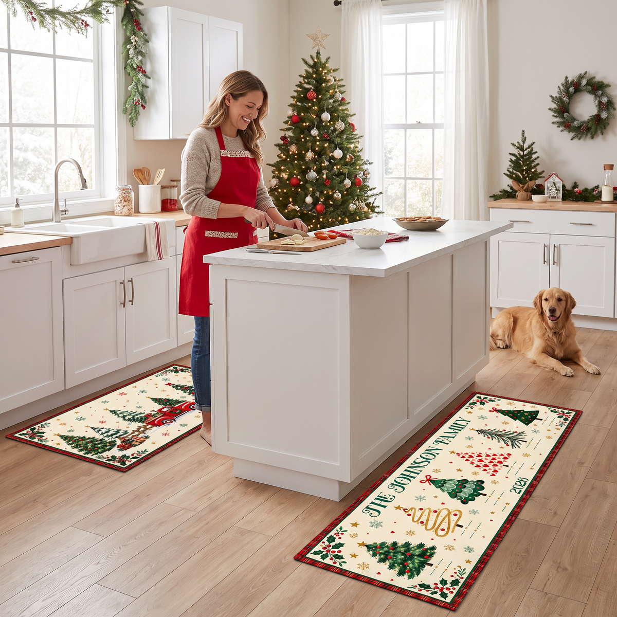 Christmas kitchen mat set by the island with a dog and Christmas tree