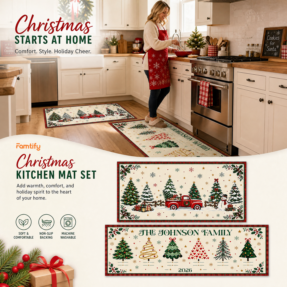 Christmas kitchen mat set features: soft, non-slip backing and machine washable