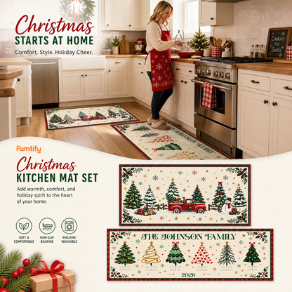 Christmas kitchen mat set features: soft, non-slip backing and machine washable