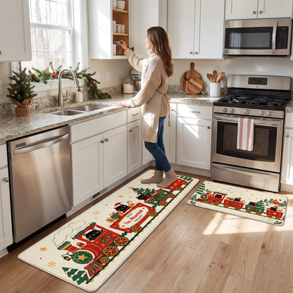 Personalized Black Cat Christmas Train kitchen mat set in a cozy holiday kitchen