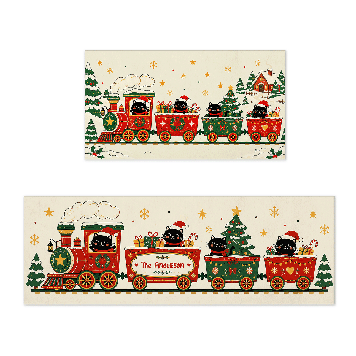 Personalized Black Cat Christmas Train kitchen mat set with custom family name