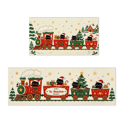 Personalized Black Cat Christmas Train kitchen mat set with custom family name