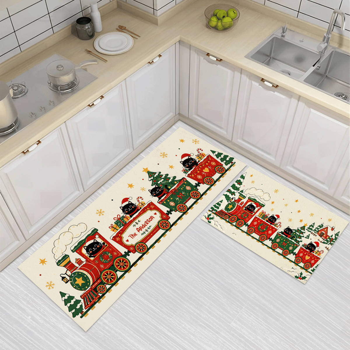 Personalized Black Cat Christmas Train kitchen mat set, view 3