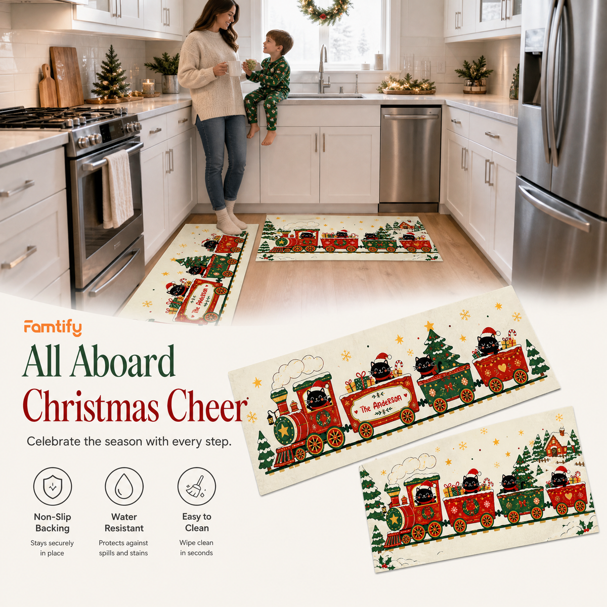 Personalized Black Cat Christmas Train kitchen mat set, view 4