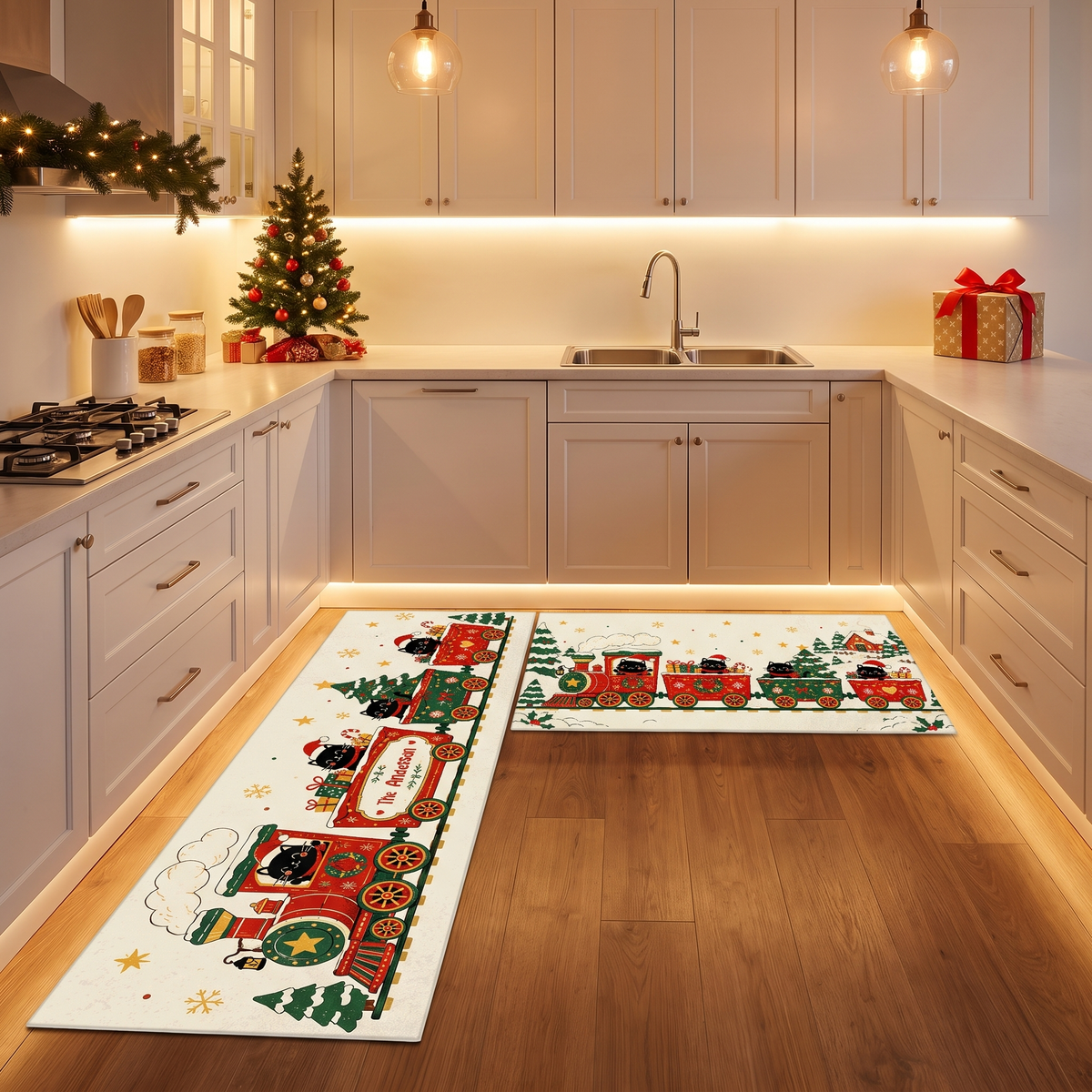 Personalized Black Cat Christmas Train kitchen mat set, view 5