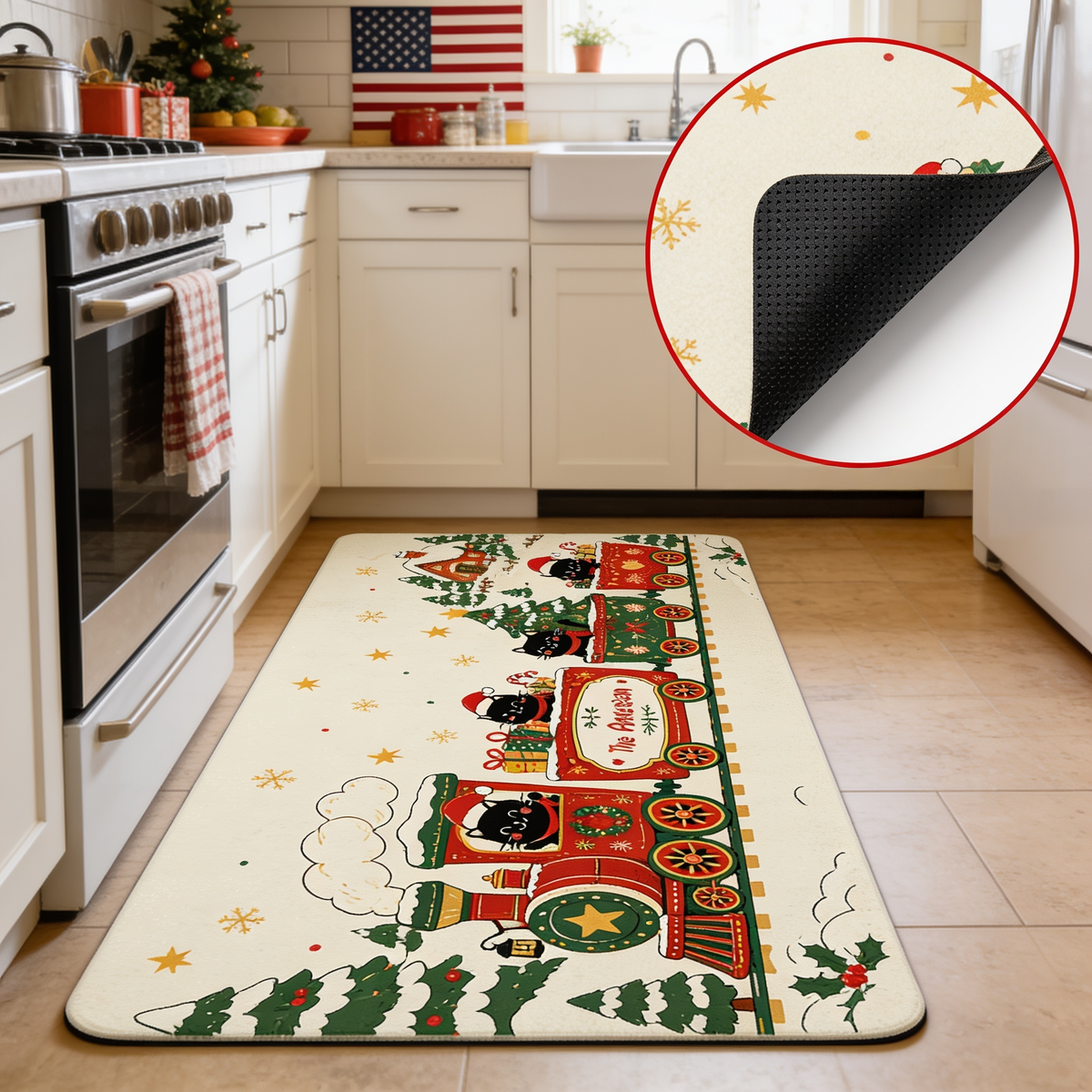 Personalized Black Cat Christmas Train kitchen mat set, view 7