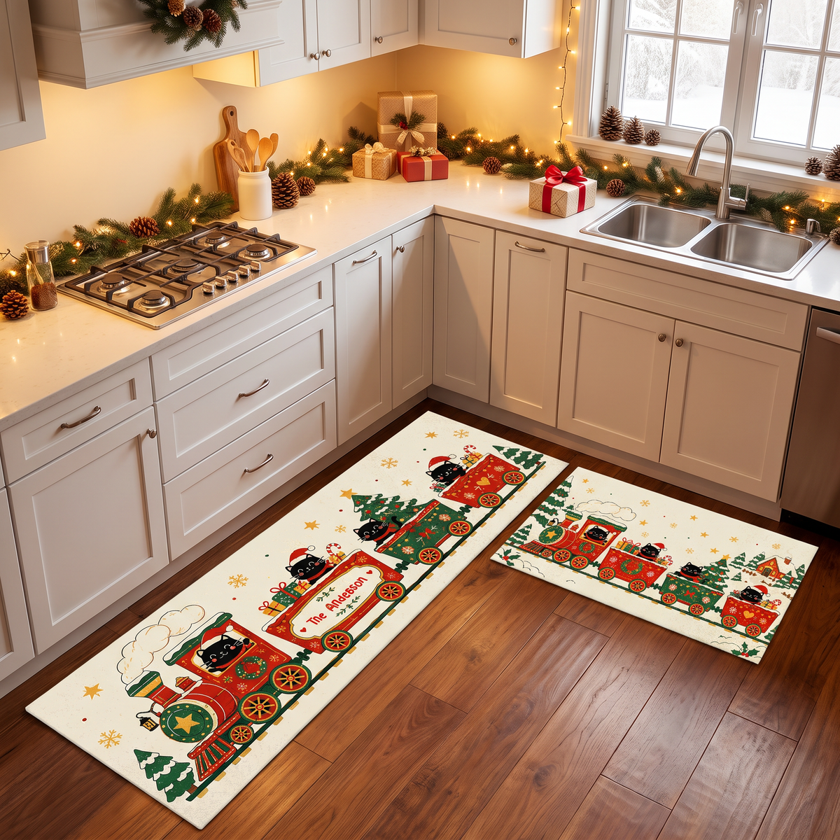 Personalized Black Cat Christmas Train kitchen mat set, view 8