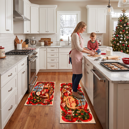 Personalized Snowman Christmas Baking Window kitchen mat set in a cozy holiday kitchen