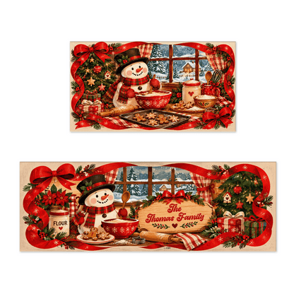 Personalized Snowman Christmas Baking Window kitchen mat set with custom family name