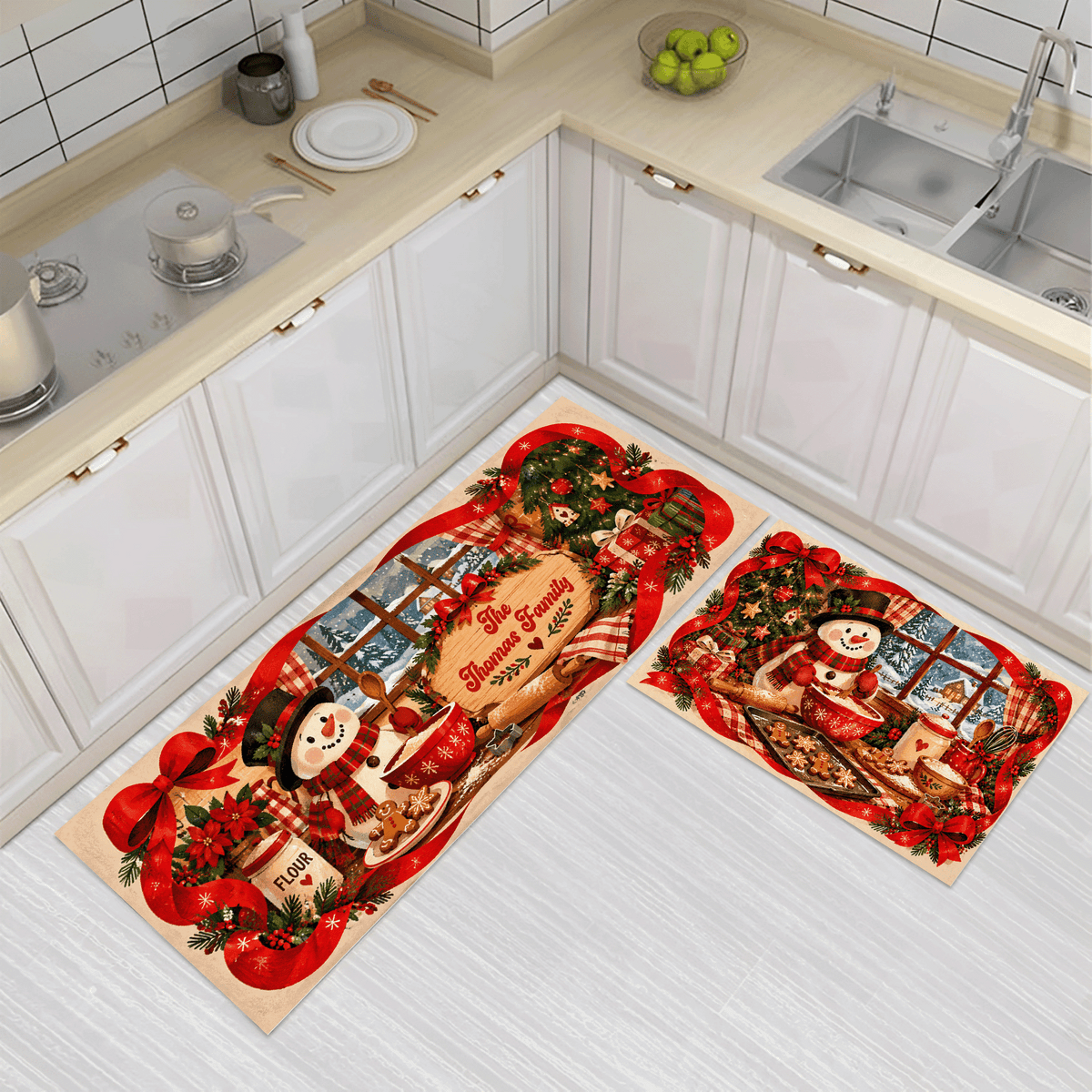 Personalized Snowman Christmas Baking Window kitchen mat set, view 3