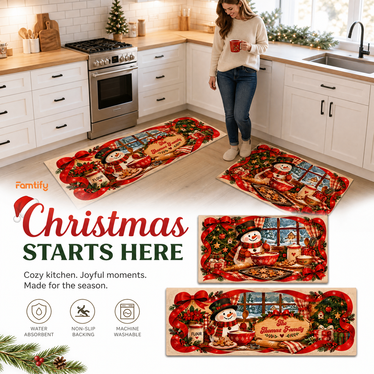 Personalized Snowman Christmas Baking Window kitchen mat set, view 4
