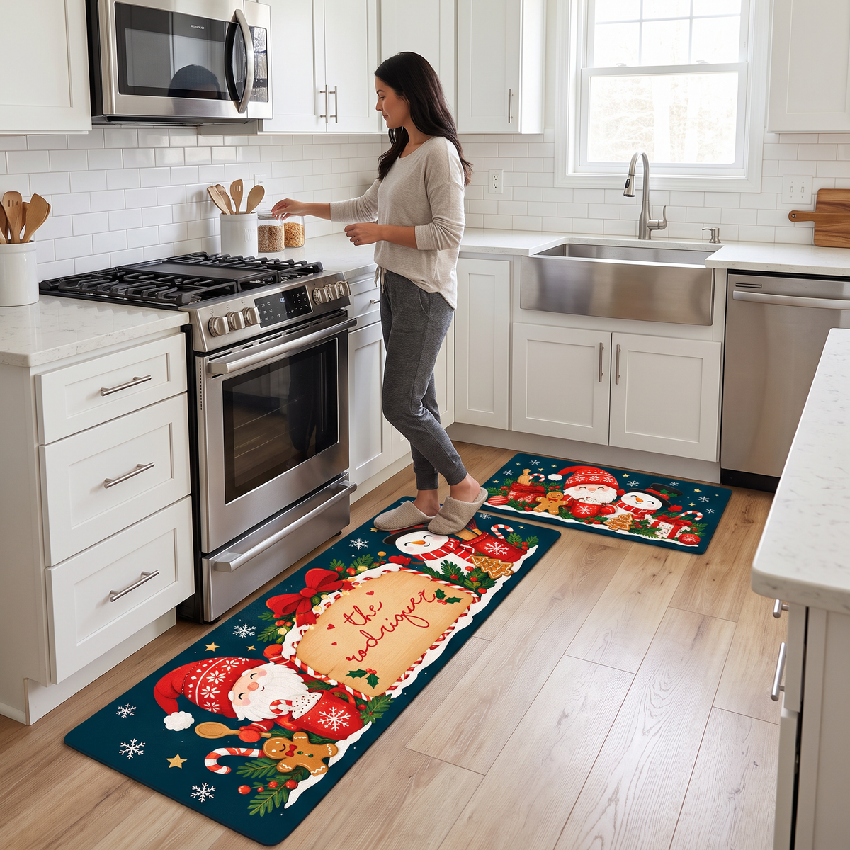 Personalized Gnome & Snowman Christmas Bakers kitchen mat set in a cozy holiday kitchen