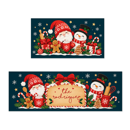 Personalized Gnome & Snowman Christmas Bakers kitchen mat set with custom family name