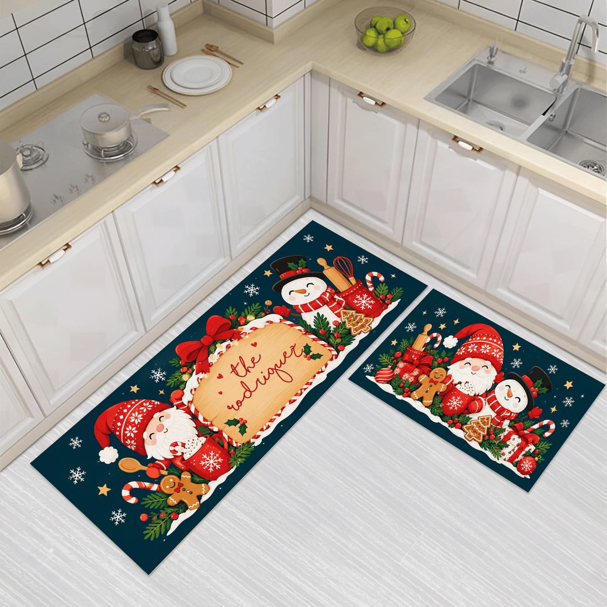 Personalized Gnome & Snowman Christmas Bakers kitchen mat set, view 3