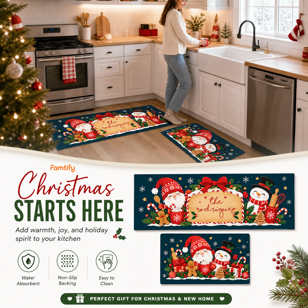 Personalized Gnome & Snowman Christmas Bakers kitchen mat set, view 4