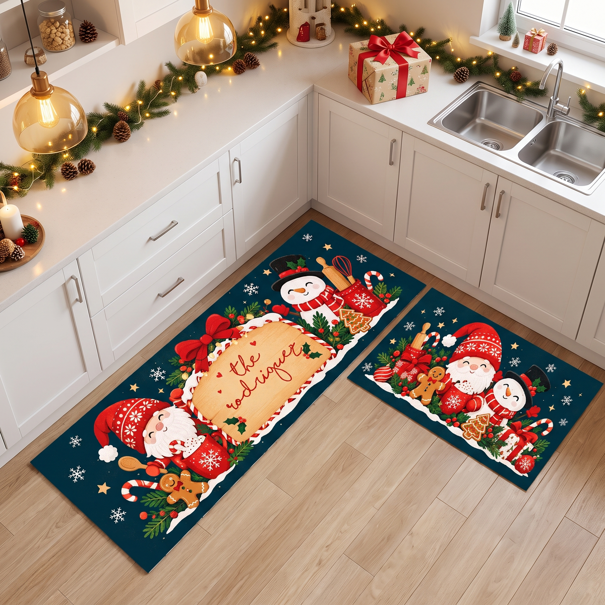 Personalized Gnome & Snowman Christmas Bakers kitchen mat set, view 5
