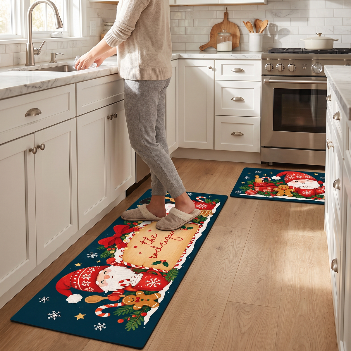 Personalized Gnome & Snowman Christmas Bakers kitchen mat set, view 6