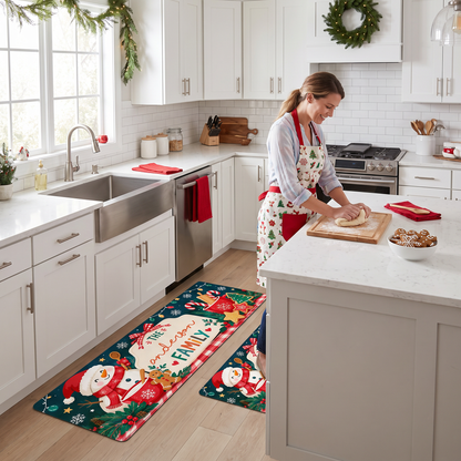 Personalized Snowman Cocoa Gingham Christmas kitchen mat set in a cozy holiday kitchen