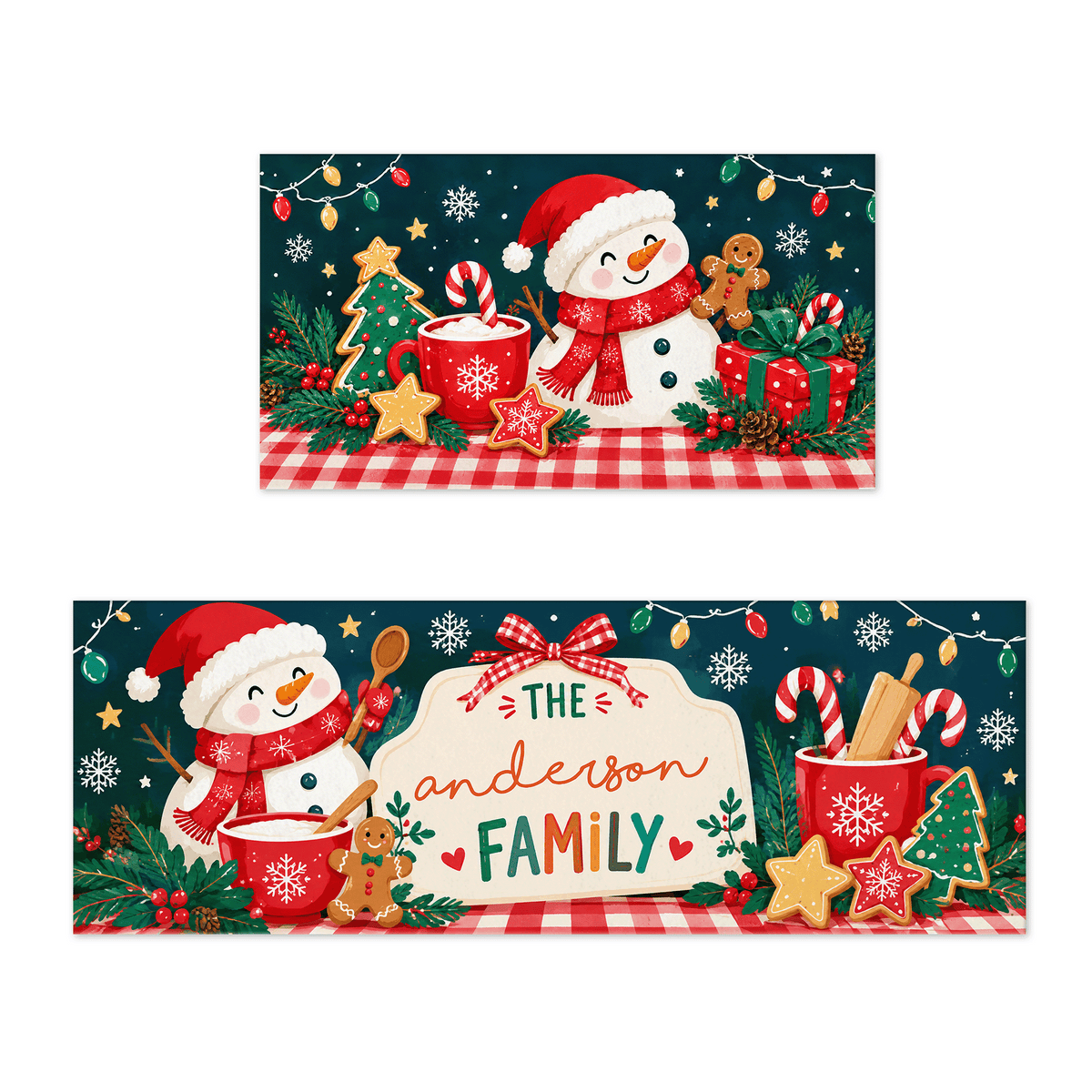Personalized Snowman Cocoa Gingham Christmas kitchen mat set with custom family name
