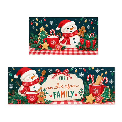 Personalized Snowman Cocoa Gingham Christmas kitchen mat set with custom family name