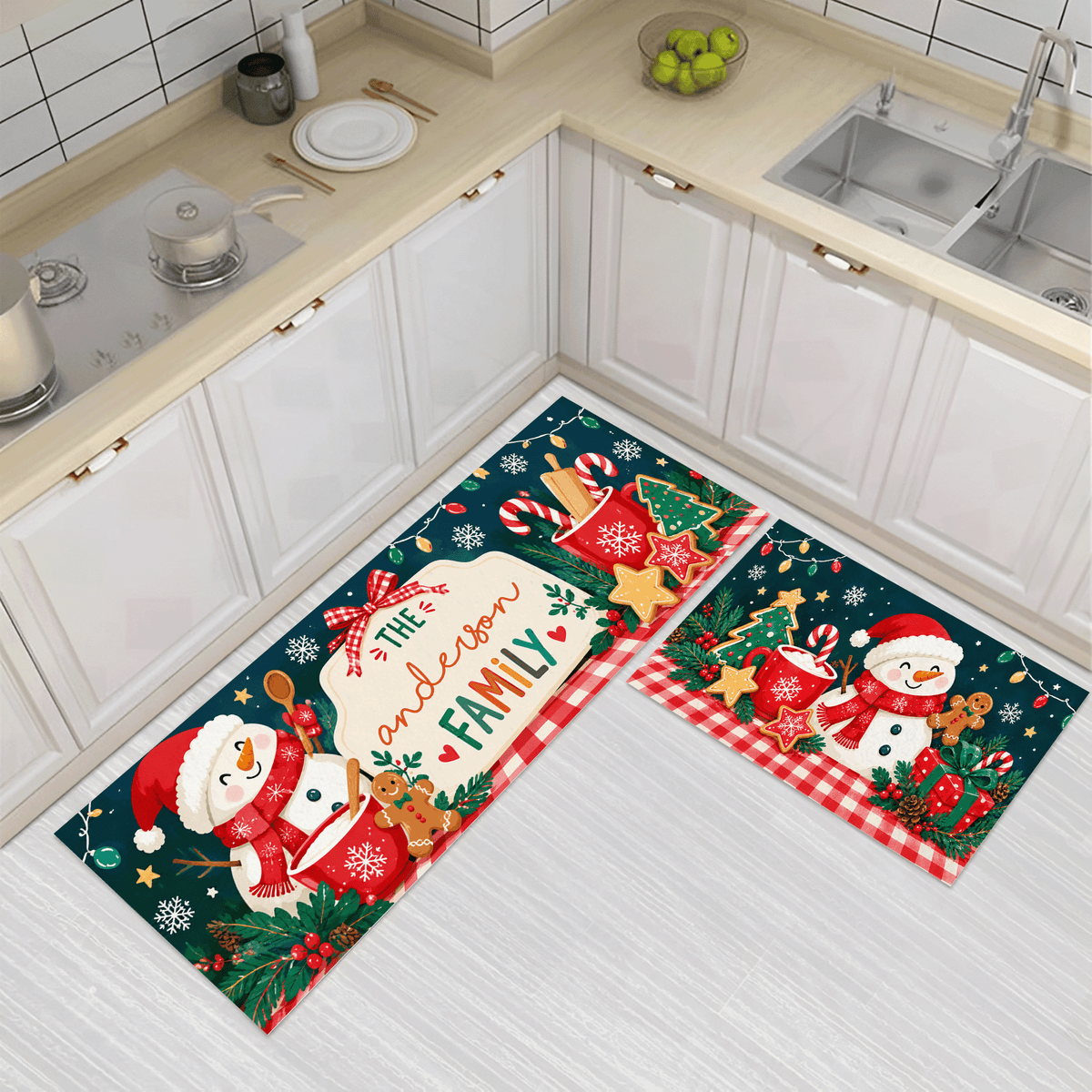 Personalized Snowman Cocoa Gingham Christmas kitchen mat set, view 3