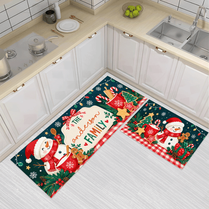 Personalized Snowman Cocoa Gingham Christmas kitchen mat set, view 3