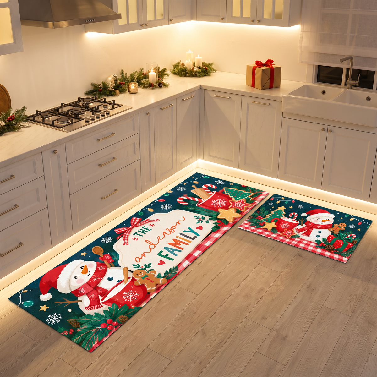 Personalized Snowman Cocoa Gingham Christmas kitchen mat set, view 5