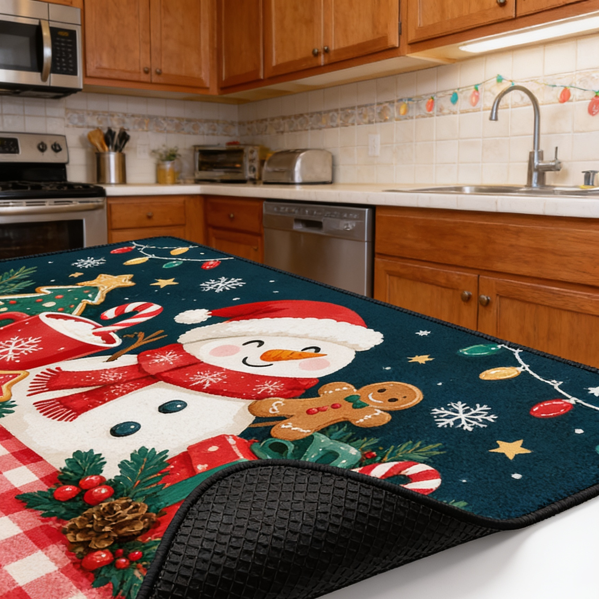 Personalized Snowman Cocoa Gingham Christmas kitchen mat set, view 7