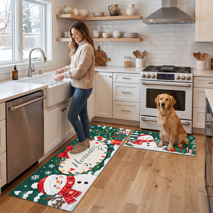 Personalized Snowman Ribbon Wreath Christmas kitchen mat set in a cozy holiday kitchen